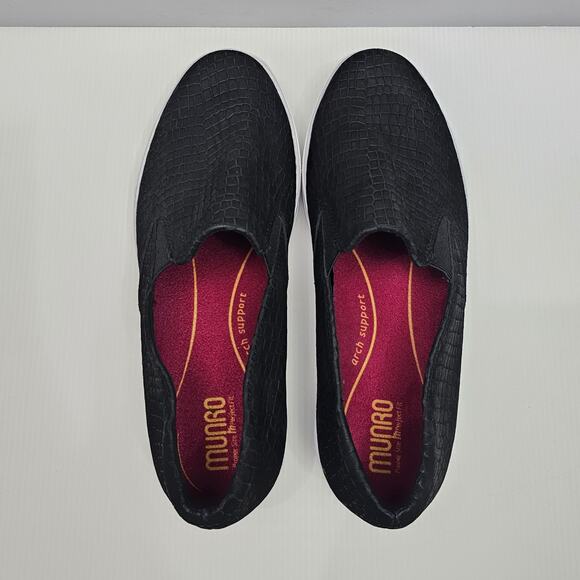 Munro Lennox Sneaker Womens 9 WIDE Black Nubuck Croc Embossed Slip On Platform - Picture 8 of 14